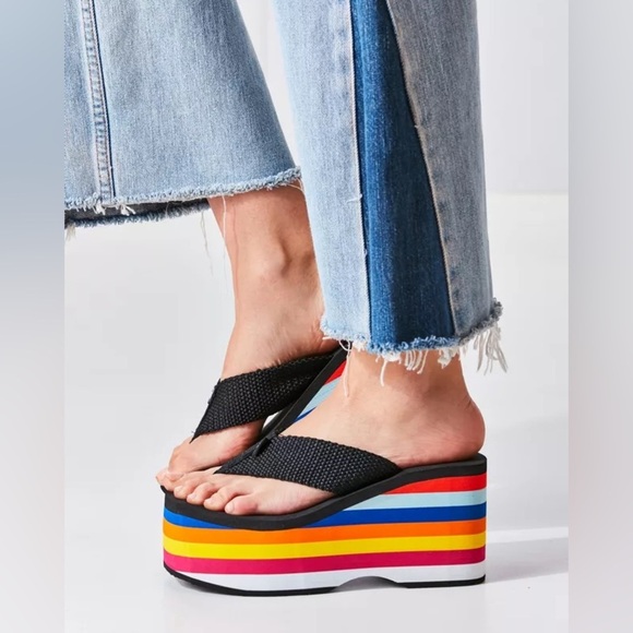Rainbow Stripe Platform Flip Flops with Denim Straps | Approx. Size 7-7.5 - Picture 1 of 10